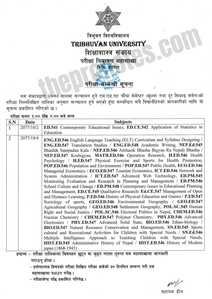 M.Ed Fourth Semester Examination Routine 2077 : TU