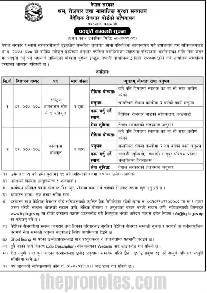 Foreign Employment Board Nepal Announces Vacancy In Government Project Job