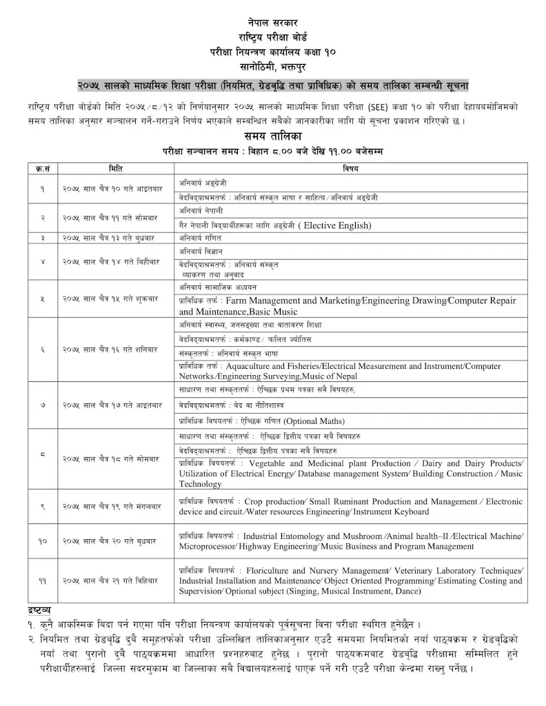 SEE Examination Routine 2075