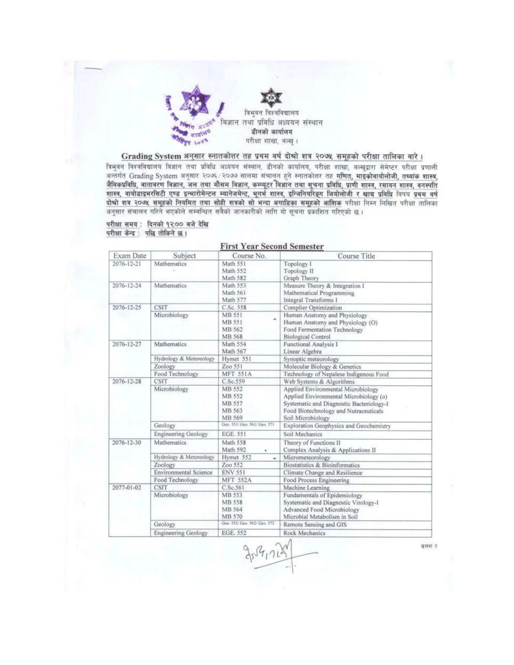 M.Sc Second Semester 2076 Examination Routine Published: TU