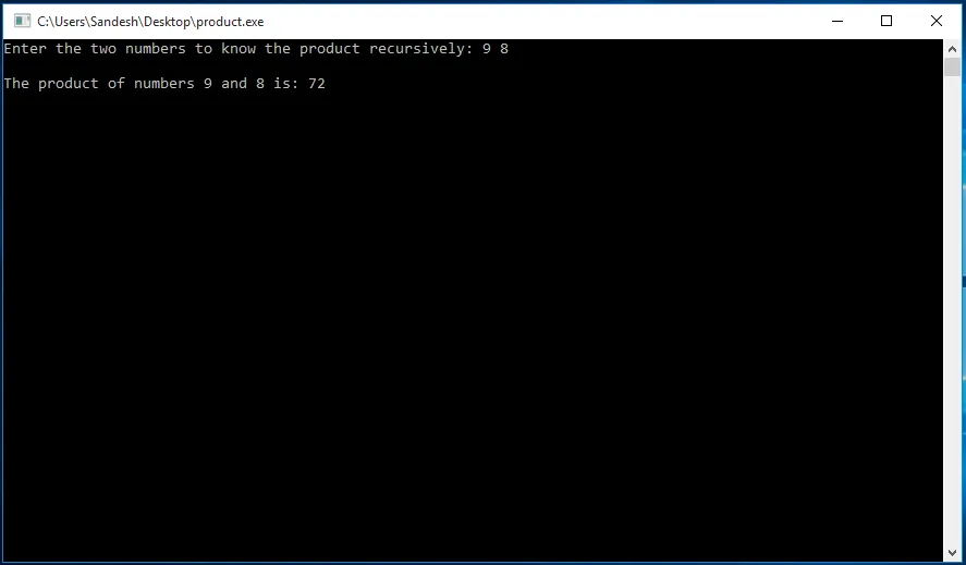 Recursive Program to find the product of two natural numbers